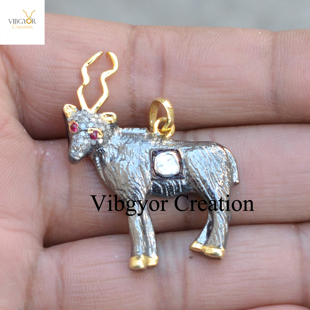 Pave Diamond Deer Pendant: Polki Diamond 925 Silver Necklace