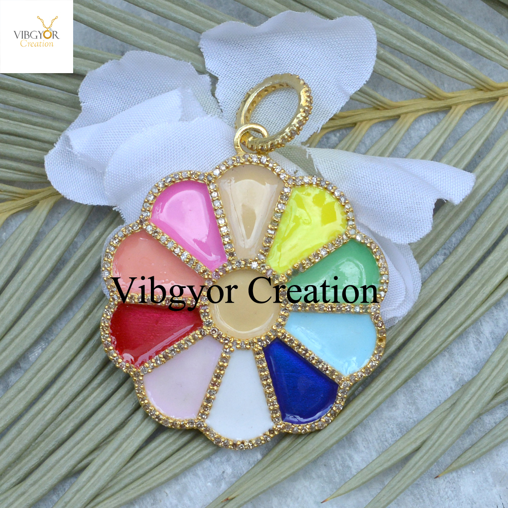 Pave Diamond Floral Pendant: Multi-Color Enamel, 925 Silver Necklace Jewelry