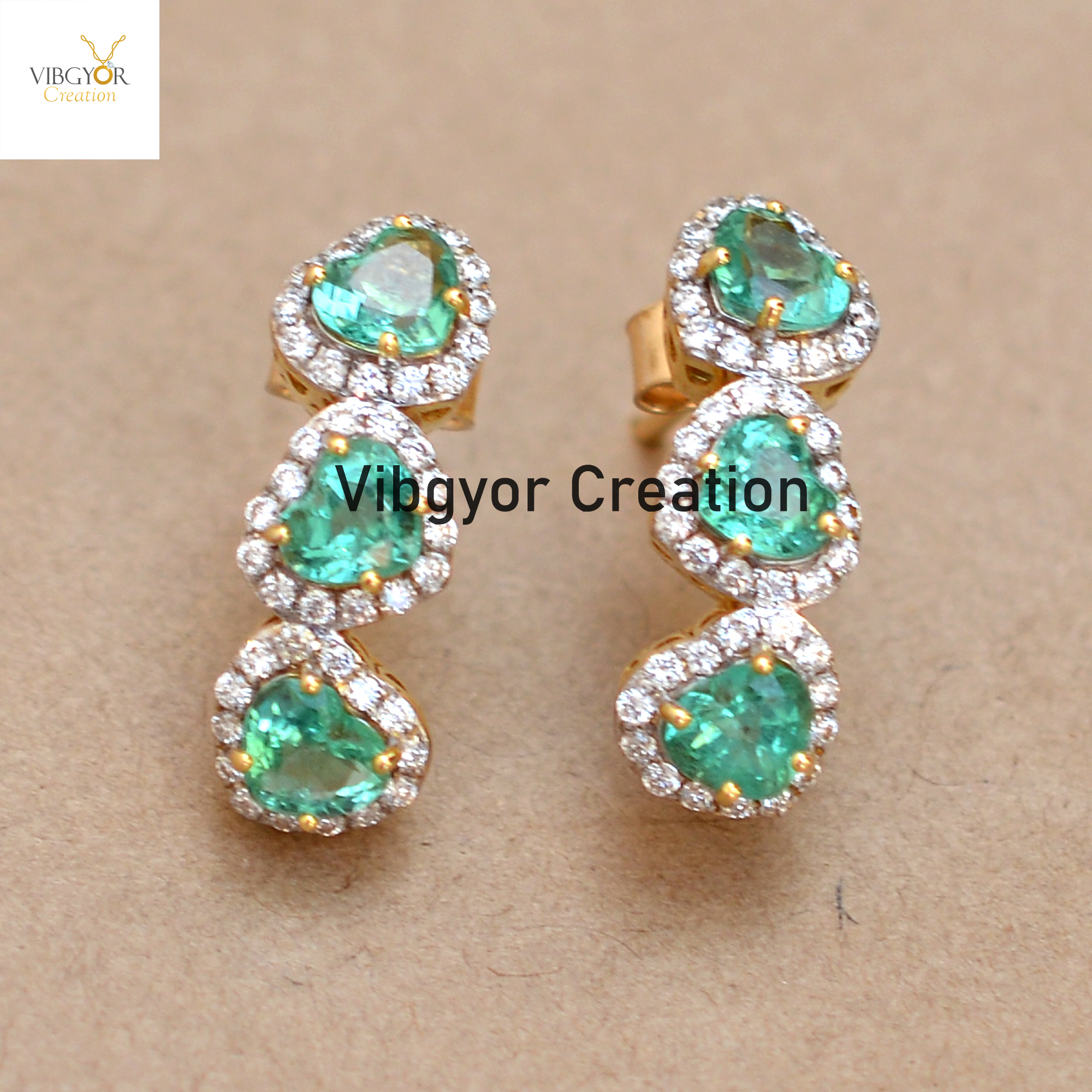 Heart Shape Emerald Diamond 14k Yellow Gold Stud Earrings, Pave Gemstone Jewelry