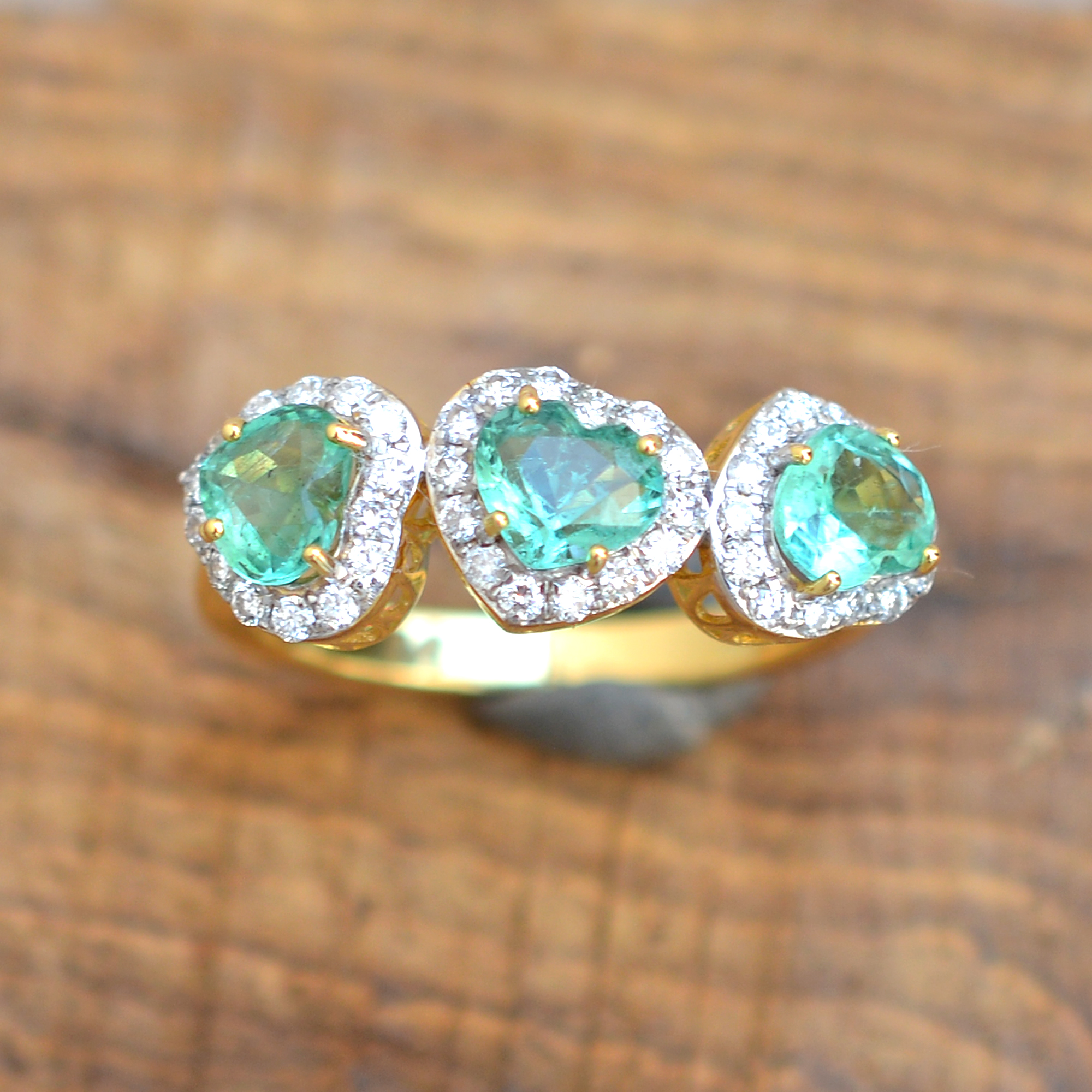 14k Yellow Gold Ring, Heart Shape Emerald Gemstone Jewelry, White Diamond Engagement Ring