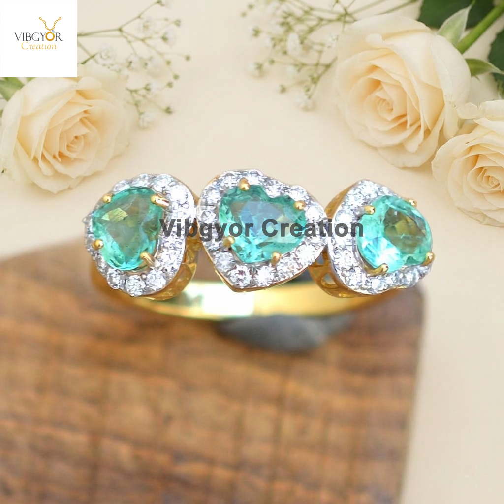14k Yellow Gold Ring Heart Shape Emerald Gemstone Jewelry White Diamond Engagement Ring