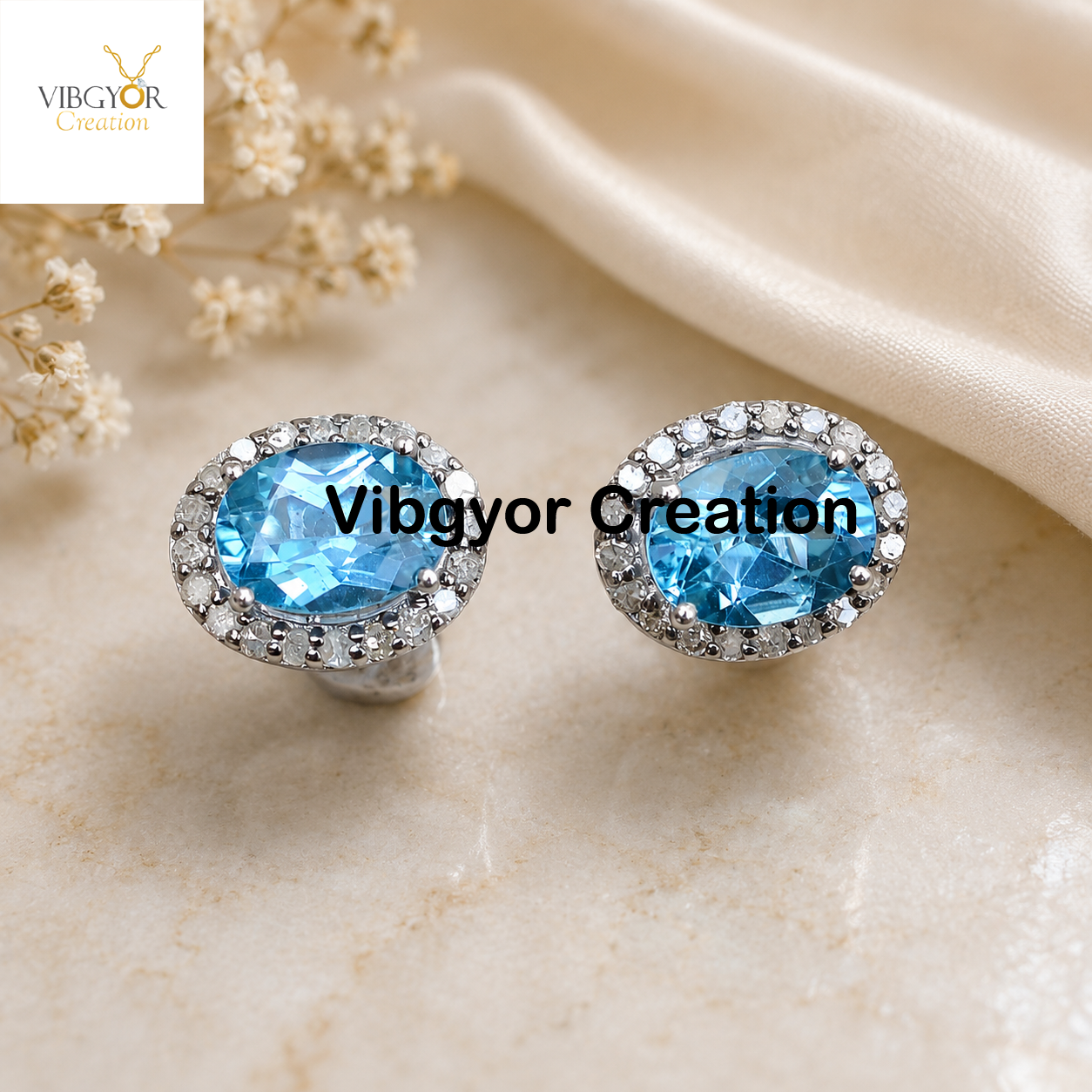 Blue Topaz Stud Earrings: 925 Silver Pave Diamond Jewelry