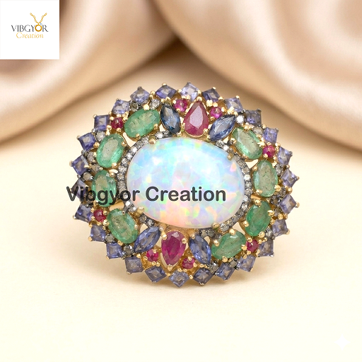 Ethiopian Opal Statement Ring Multi Gemstone Flower Gold Vermeil 925 Silver Jewelry