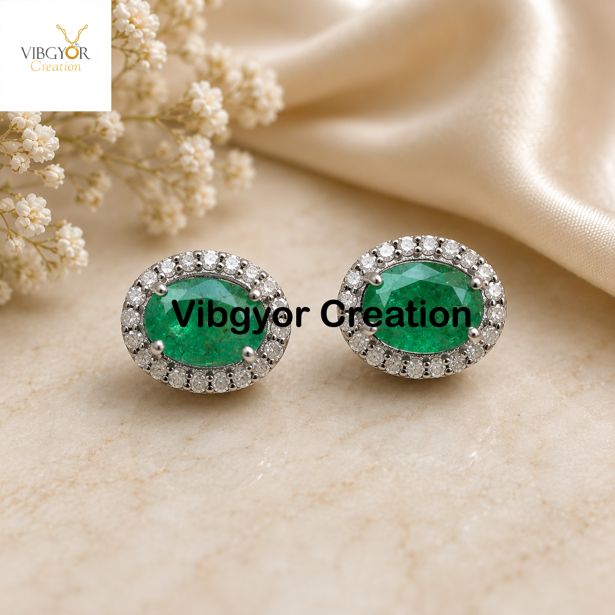 Handmade Emerald Gemstone Earrings: Pave Diamond, 925 Silver Studs Jewelry