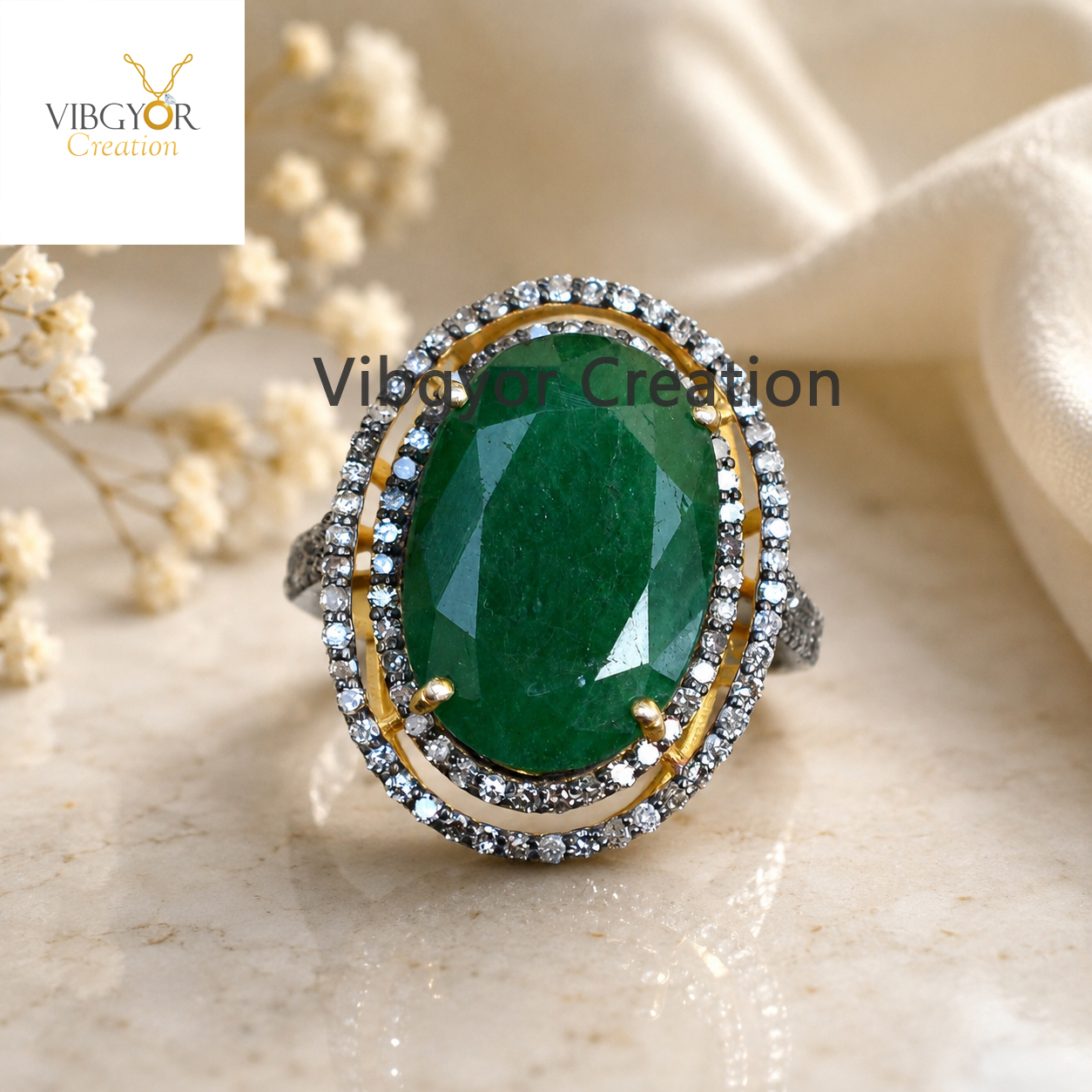 Natural Emerald Ring: Pave Diamond, 925 Silver Gold Vermeil, Handmade
