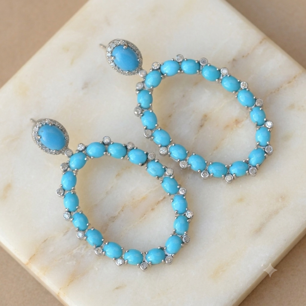 Oval Shape Turquoise 925 Silver White Diamond Earrings Women's Gift Jewelry