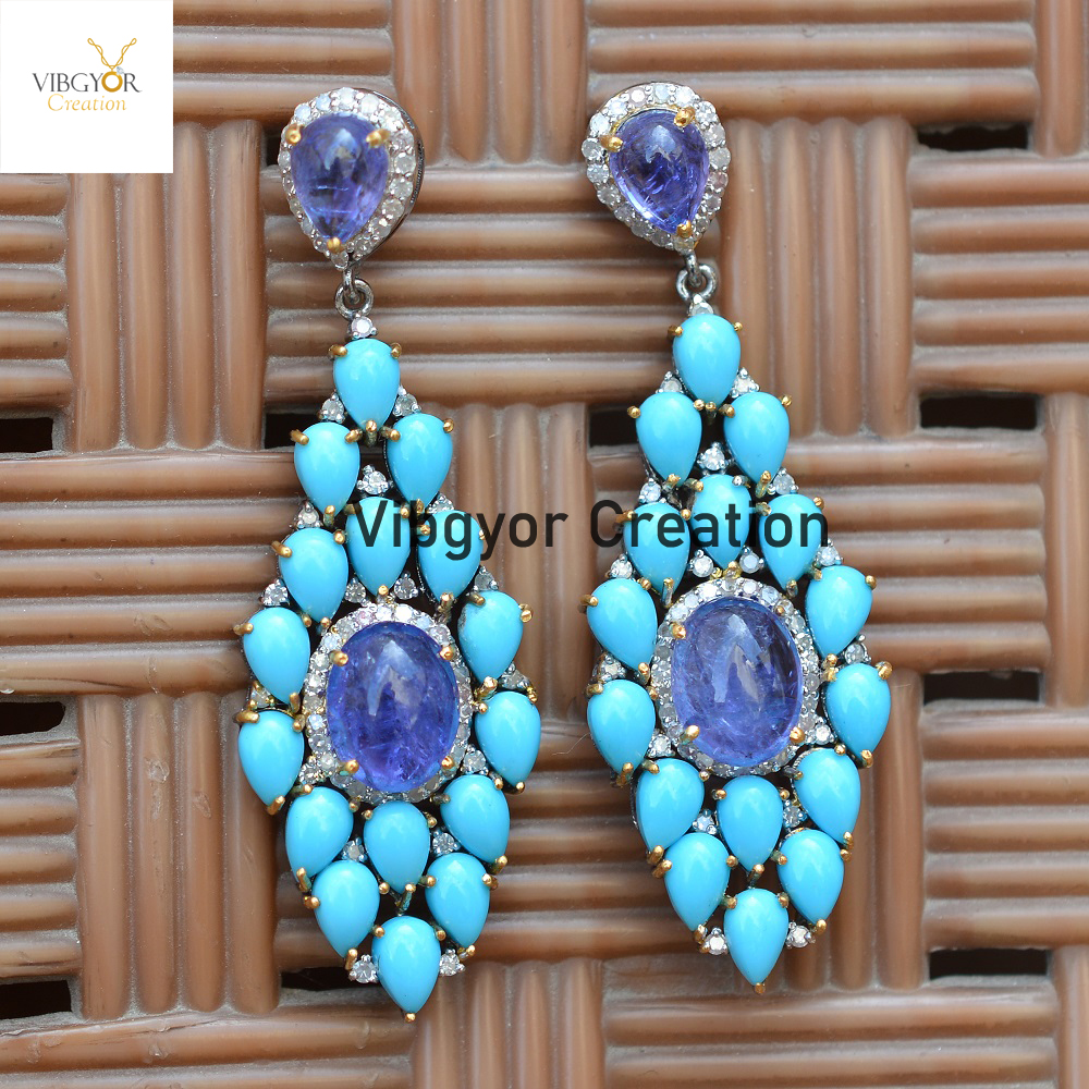 Tanzanite With Turquoise Earrings, Pave Diamond Jewelry, Solid 925 Silver, Blue Gemstone
