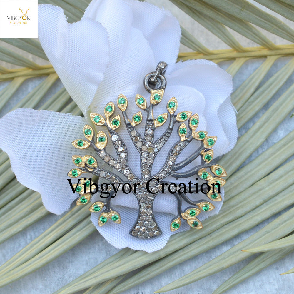 Tree of Life Sterling Silver Pendant: Tsavorite & Pave Diamond Necklace